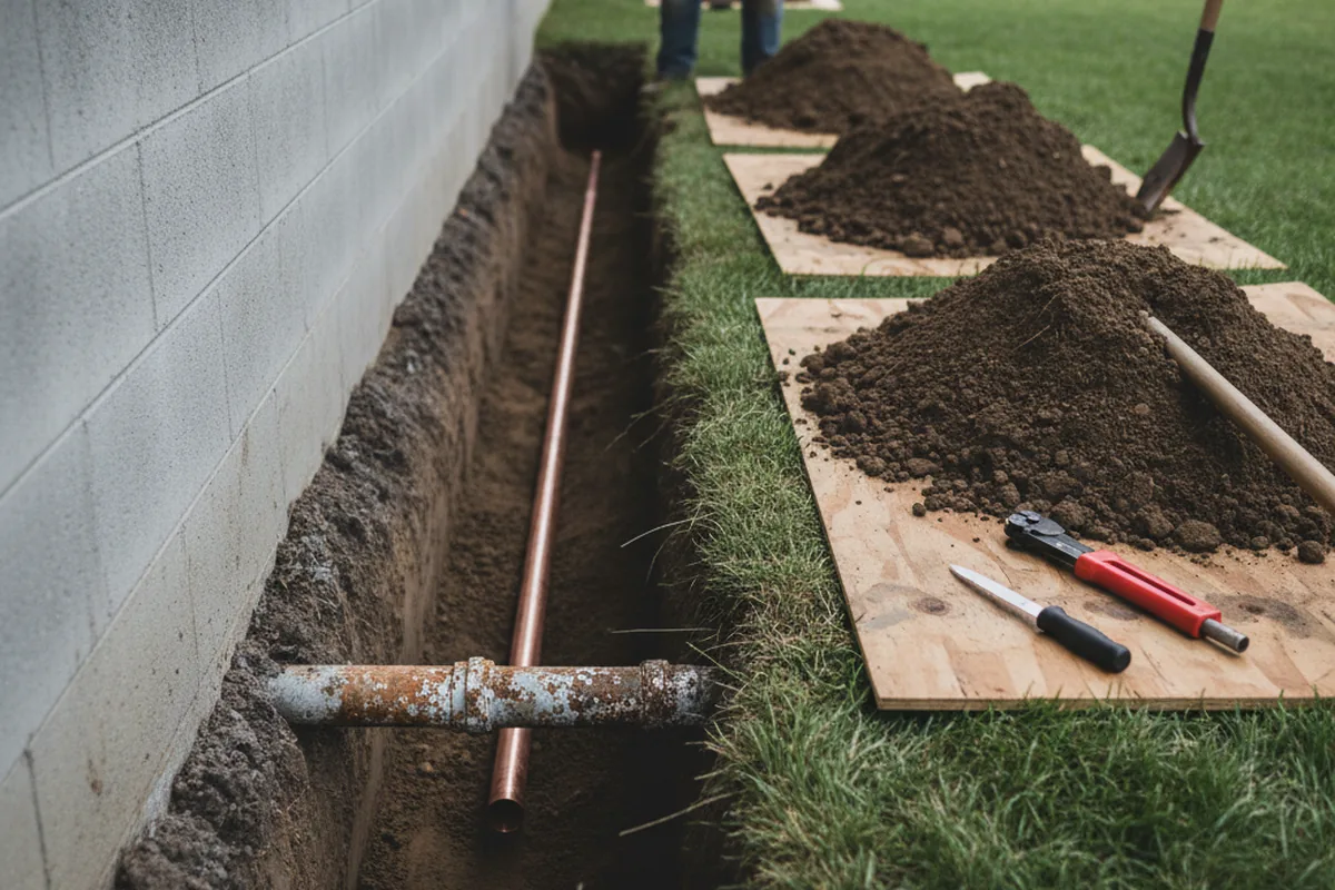 Excavated water line trench during Water Softener Installation in Amissville